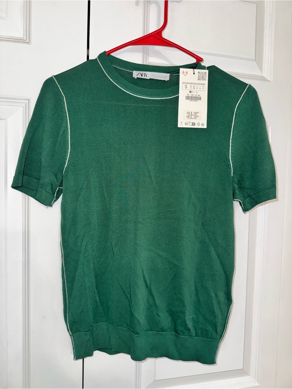 ZARA Dark Green Short-Sleeve Knit Top with Contrast Trim